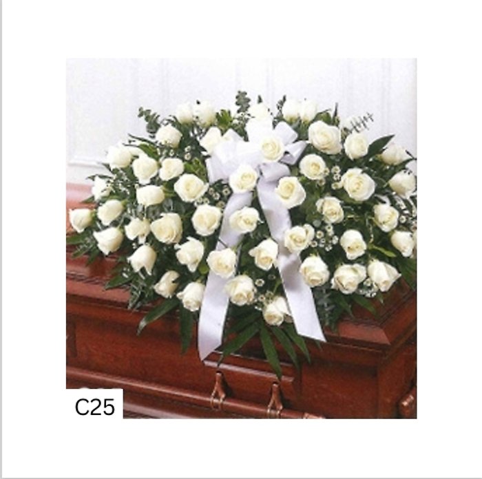White Rose and White Ribbon Casket Spray